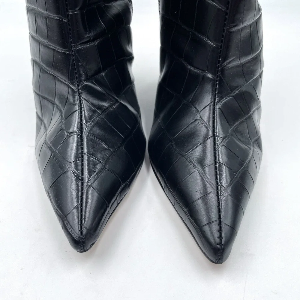 Schutz‎ Asya Up Boots Black Croc Embossed Leather Knee High Wedge Sz 8.5 WIDE